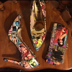 Magazine print heels never worn